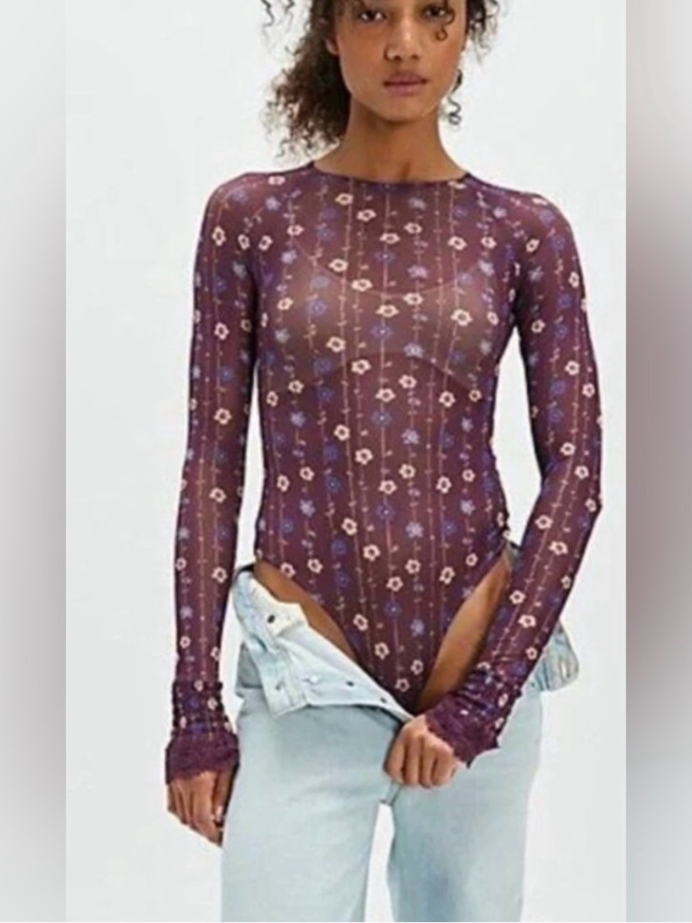 Free People Up all night Long-Sleeve Floral Sheer Bodysuit in Plum